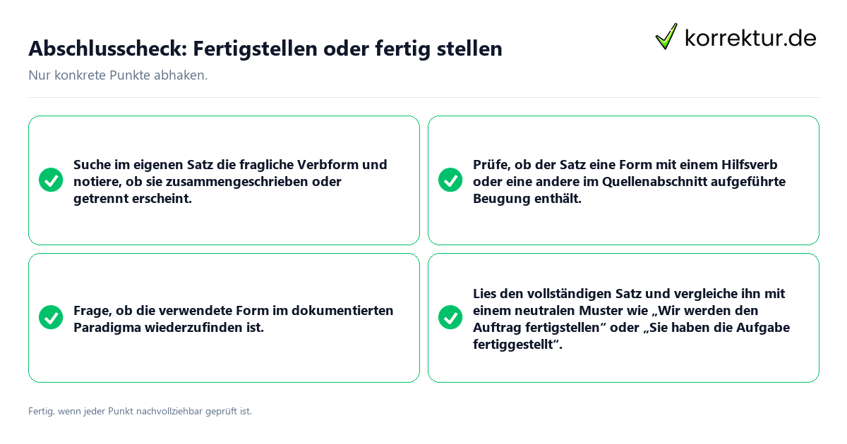 Konkreter Abschlusscheck zu Fertigstellen oder fertig stellen