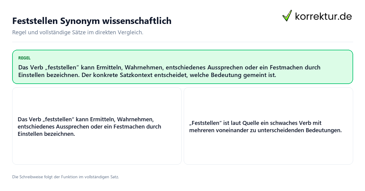 Feststellen Synonym wissenschaftlich Konkrete Regel und vollständige Beispielsätze zu Feststellen Synonym wissenschaftlich