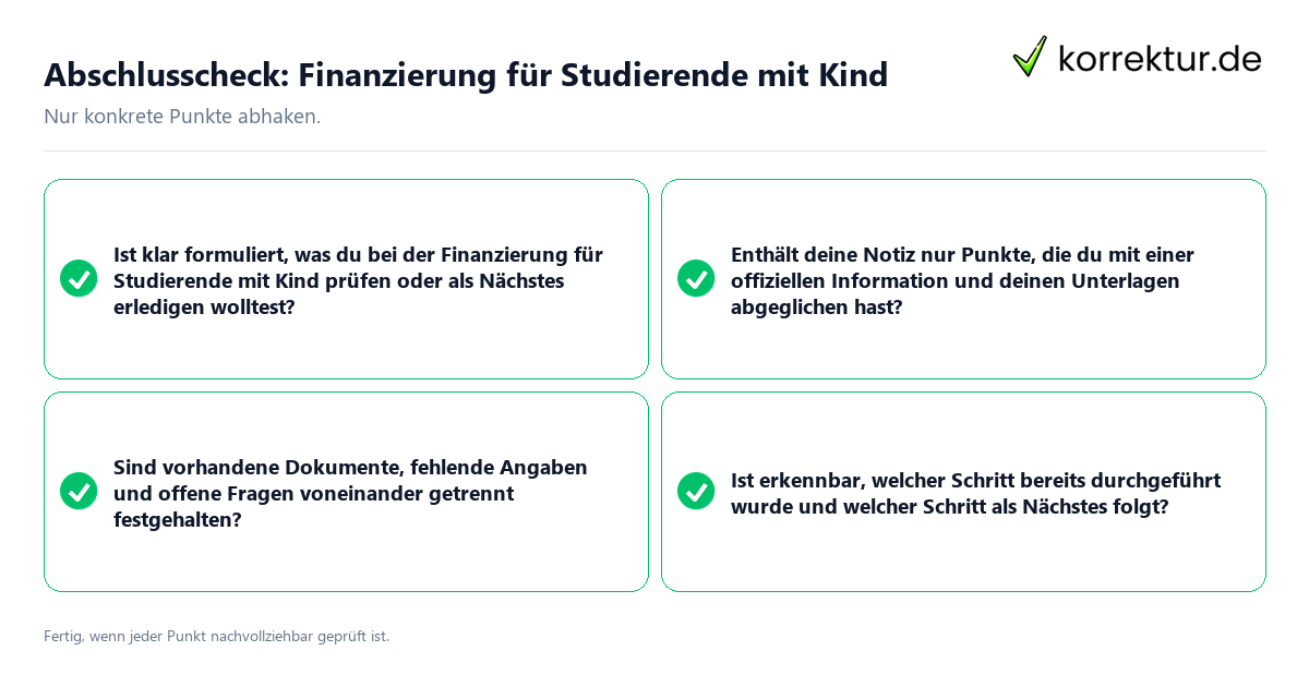 Abschlusscheck: Finanzierung für Studierende mit Kind Konkreter Abschlusscheck zu Finanzierung für Studierende mit Kind