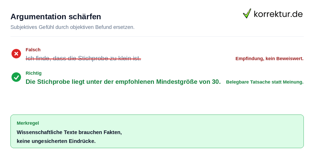 Argumentation schärfen Rotstift-Korrektur: belegte Aussage statt ich finde, dass