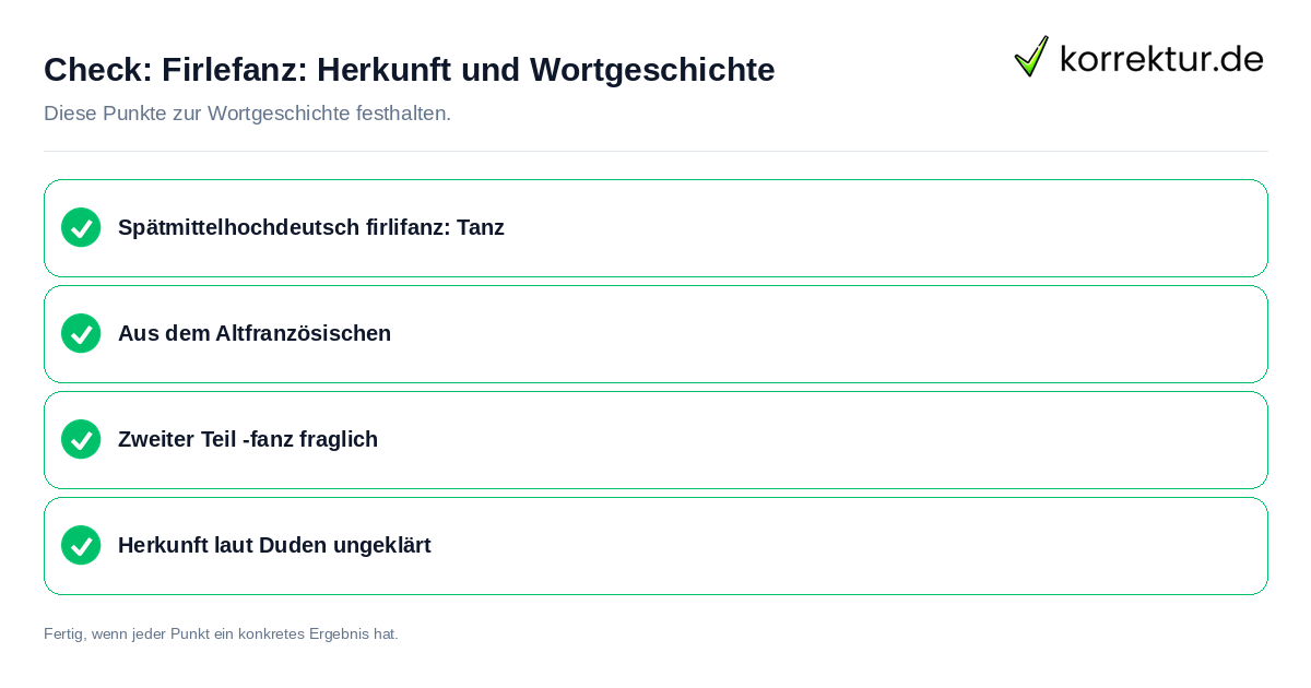 Firlefanz: Herkunft und Wortgeschichte: Prüfliste mit vier Punkten