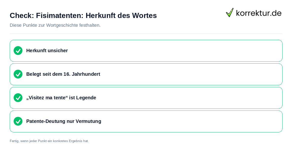 Fisimatenten: Herkunft des Wortes: Prüfliste mit vier Punkten