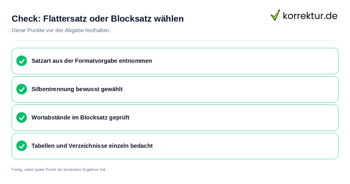 Flattersatz oder Blocksatz wählen: Prüfliste mit vier Punkten