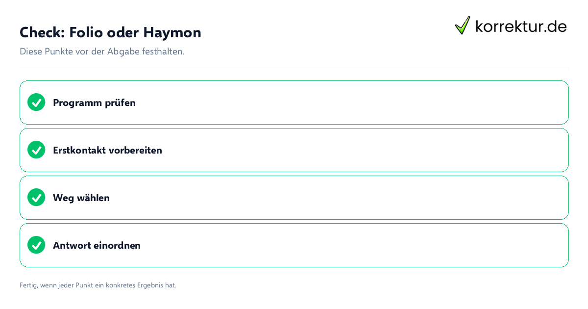 Check: Folio oder Haymon Folio oder Haymon: Prüfliste mit vier Punkten