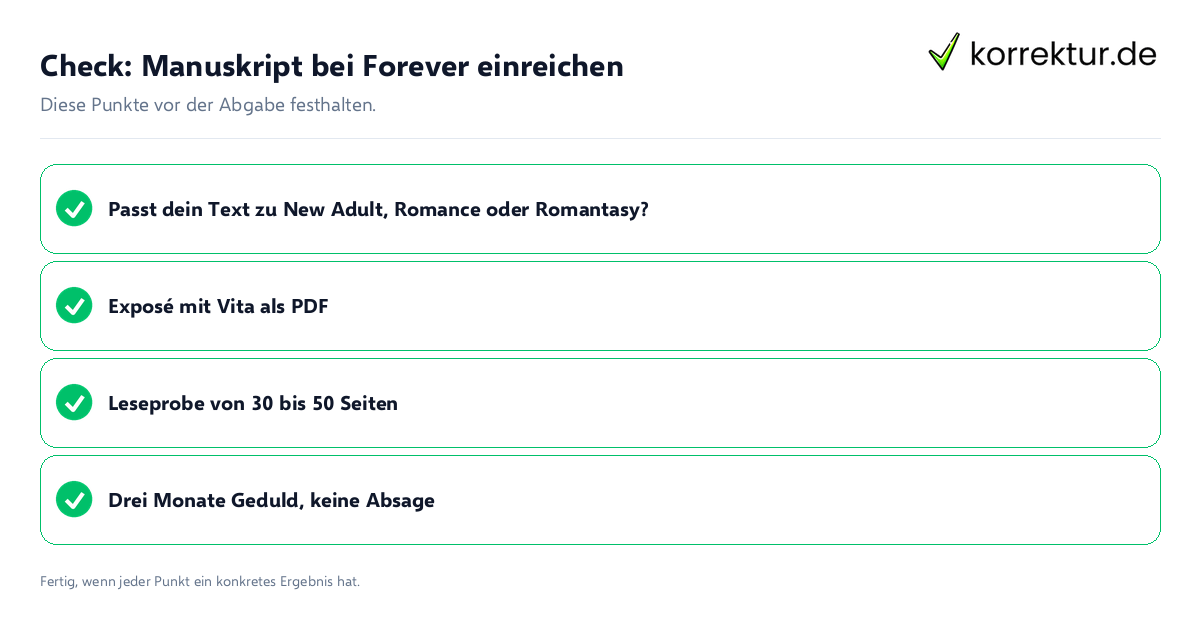 Check: Manuskript bei Forever einreichen Manuskript bei Forever einreichen: Prüfliste mit vier Punkten
