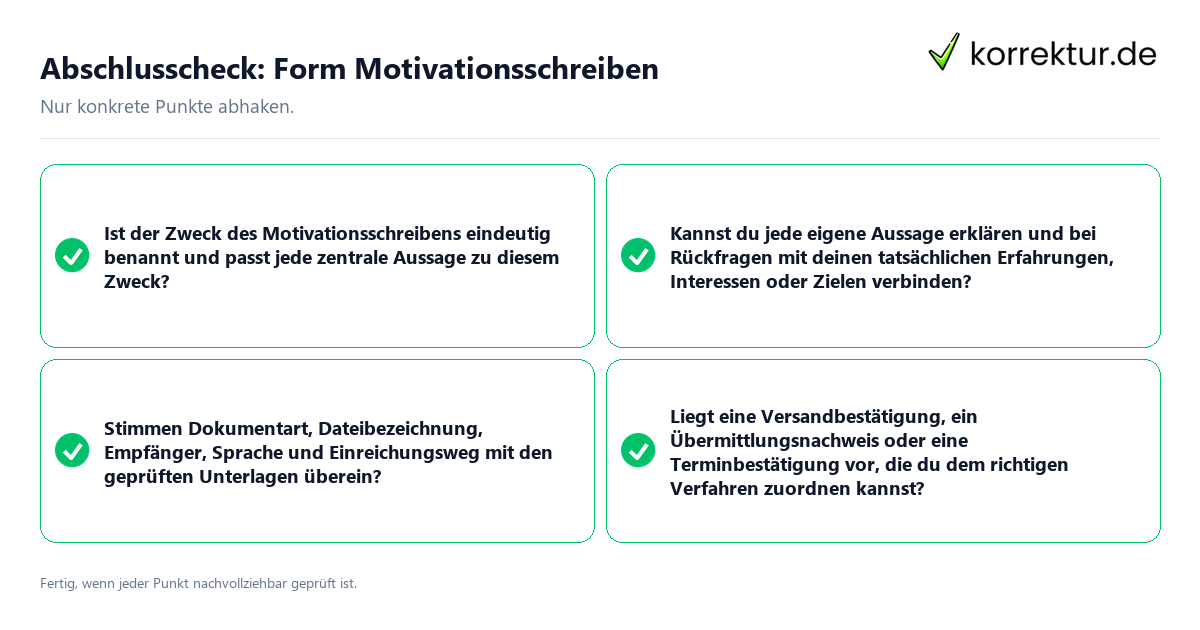 Konkreter Abschlusscheck zu Form Motivationsschreiben