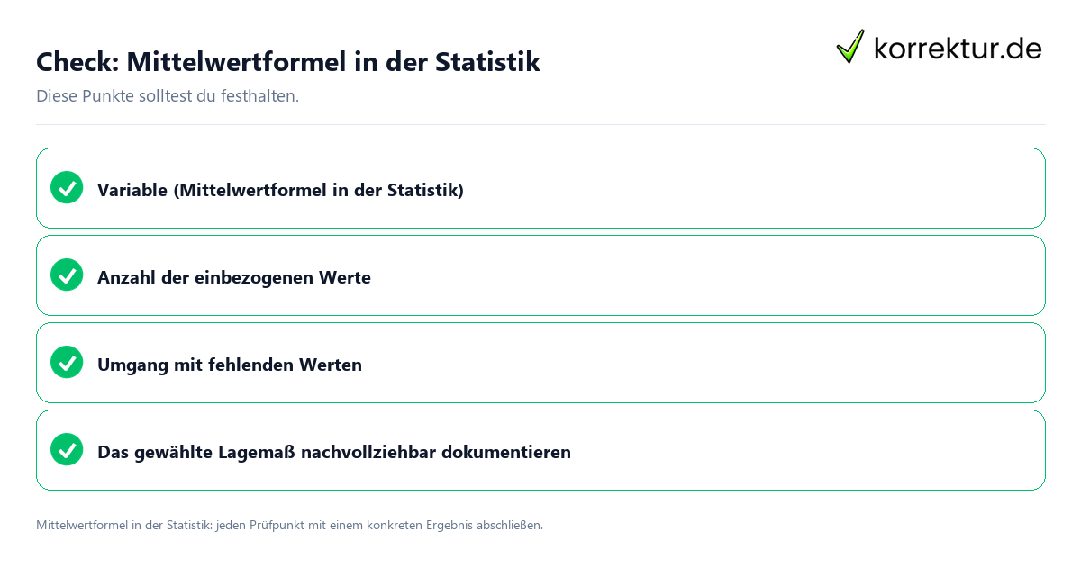 Mittelwertformel in der Statistik mit einer themenspezifischen Checkliste