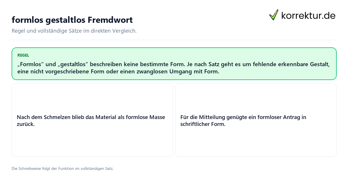 Konkrete Regel und vollständige Beispielsätze zu formlos gestaltlos Fremdwort