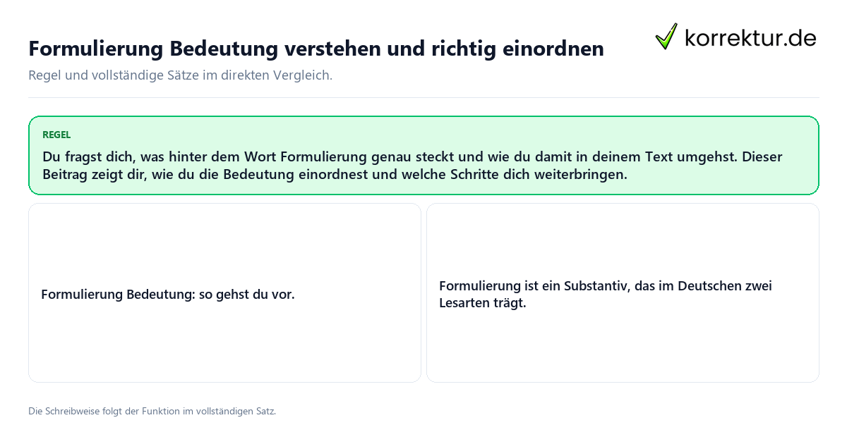 Konkrete Regel und vollständige Beispielsätze zu Formulierung Bedeutung verstehen und richtig