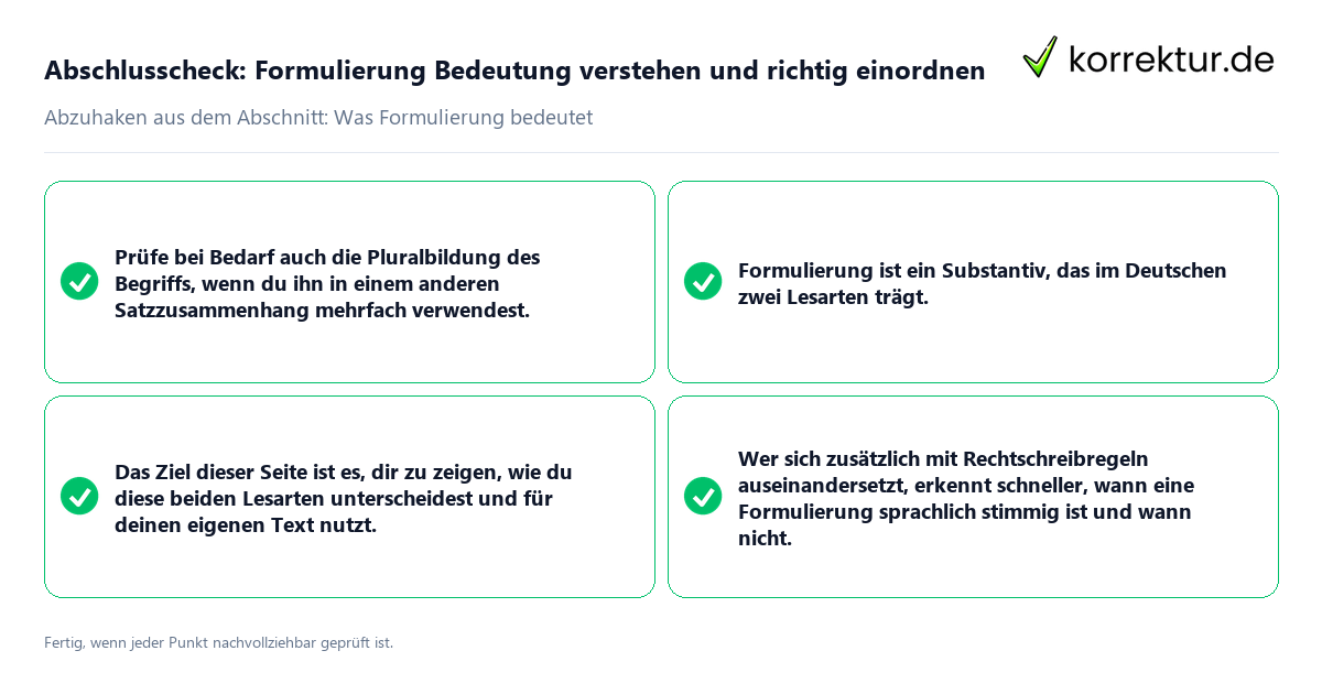 Konkreter Abschlusscheck zu Formulierung Bedeutung verstehen und richtig einordnen