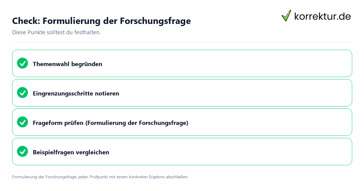 Formulierung der Forschungsfrage mit einer themenspezifischen Checkliste