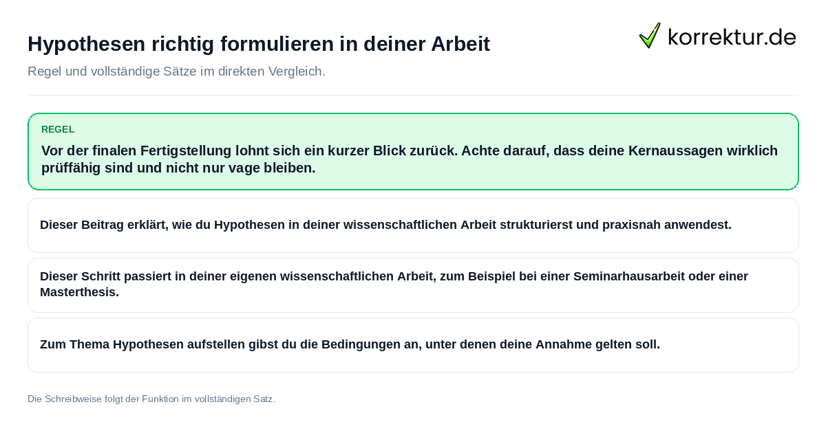 Konkrete Regel und vollständige Beispielsätze zu Hypothesen richtig formulieren in deiner Arbeit