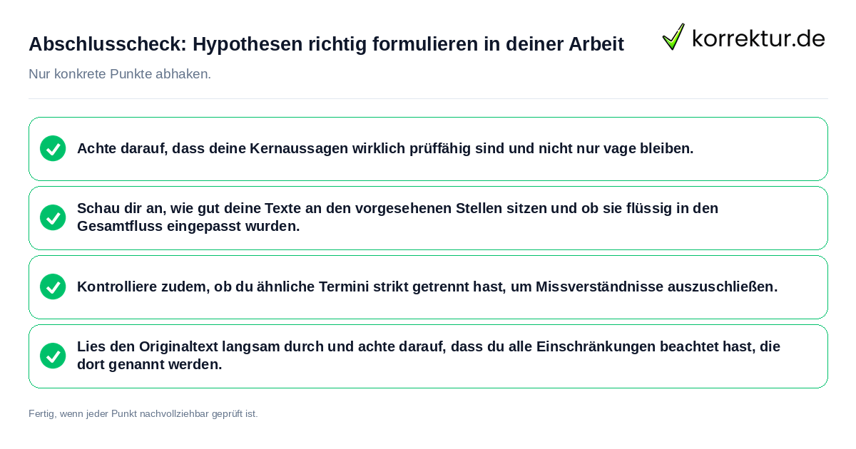 Konkreter Abschlusscheck zu Hypothesen richtig formulieren in deiner Arbeit