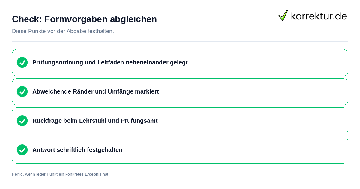 Check: Formvorgaben abgleichen Formvorgaben abgleichen: Prüfliste mit vier Punkten