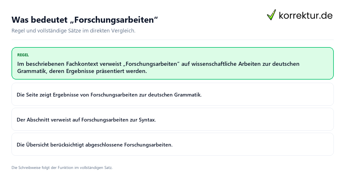 Konkrete Regel und vollständige Beispielsätze zu Was bedeutet „Forschungsarbeiten“
