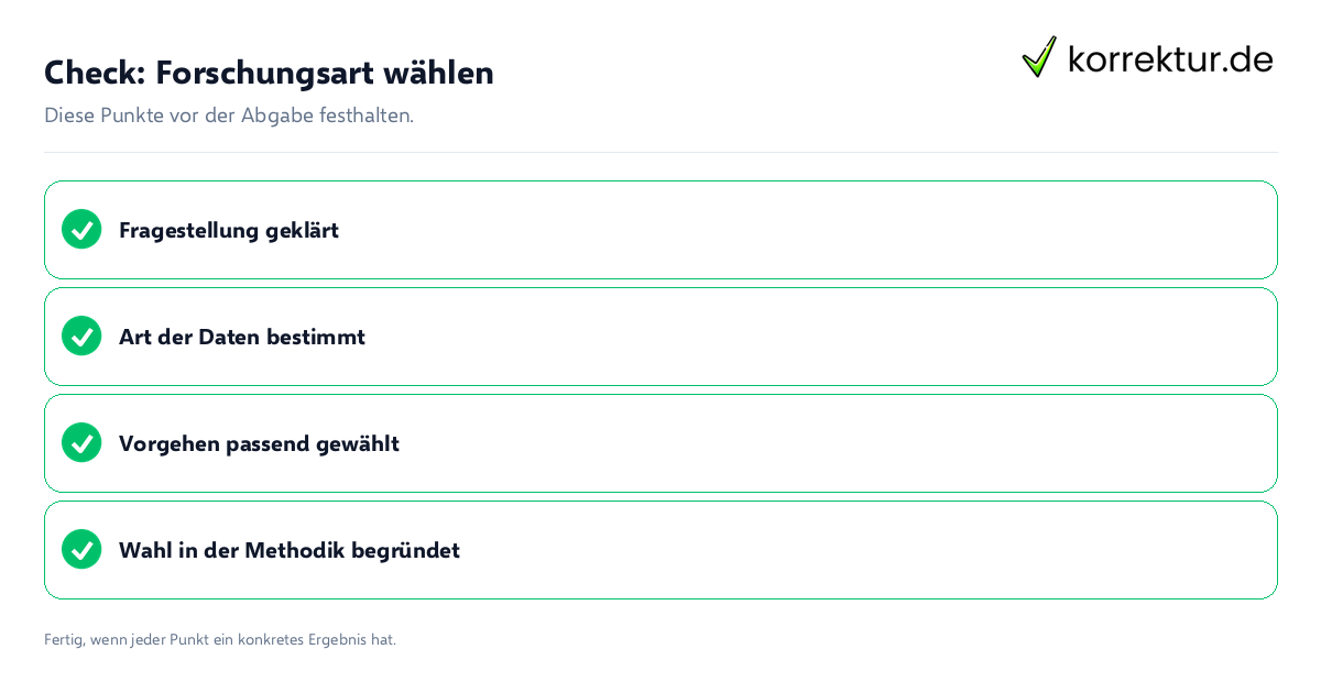 Forschungsart wählen: Prüfliste mit vier Punkten