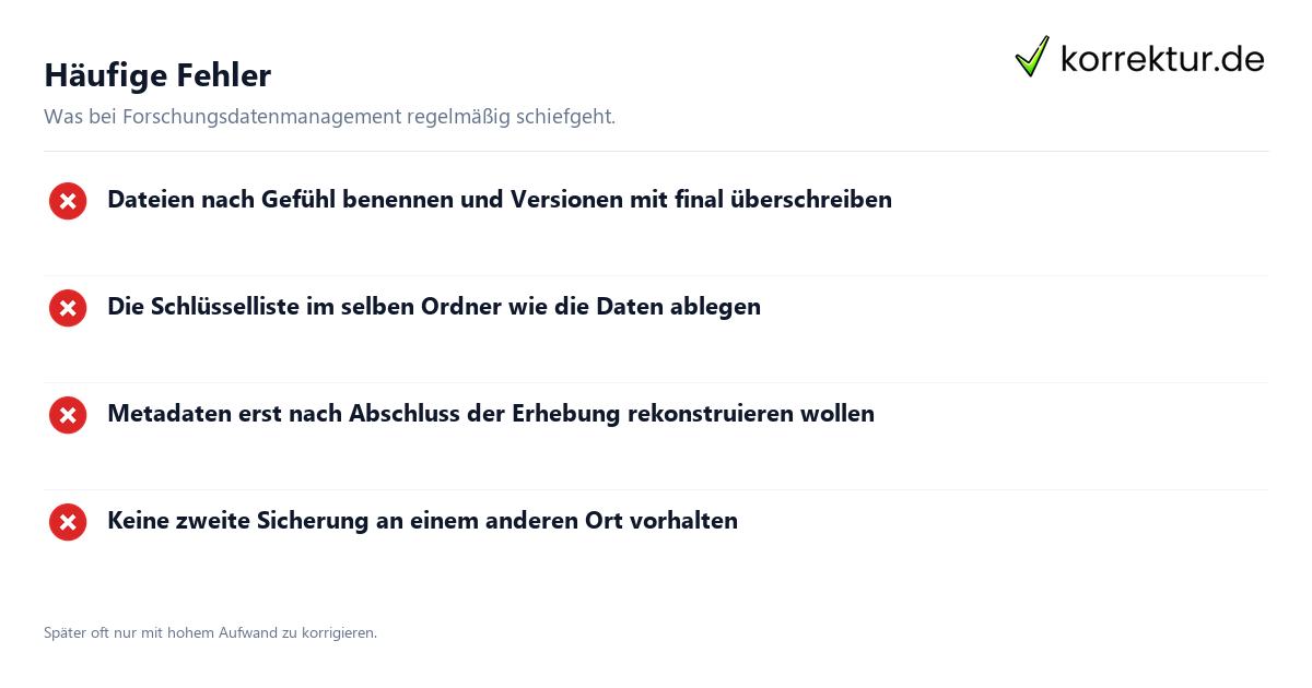 Häufige Fehler Forschungsdatenmanagement im Projekt praktisch umsetzen: häufige Fehler