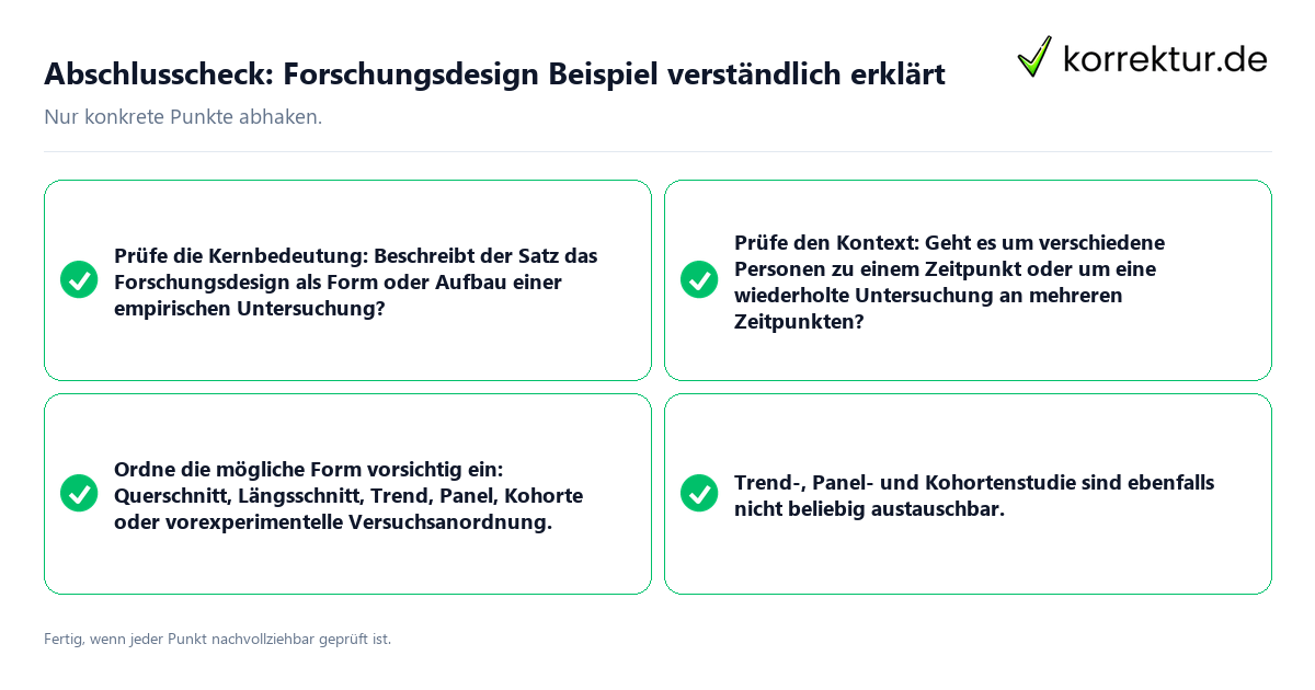 Abschlusscheck: Forschungsdesign Beispiel verständlich erklärt Konkreter Abschlusscheck zu Forschungsdesign Beispiel verständlich erklärt
