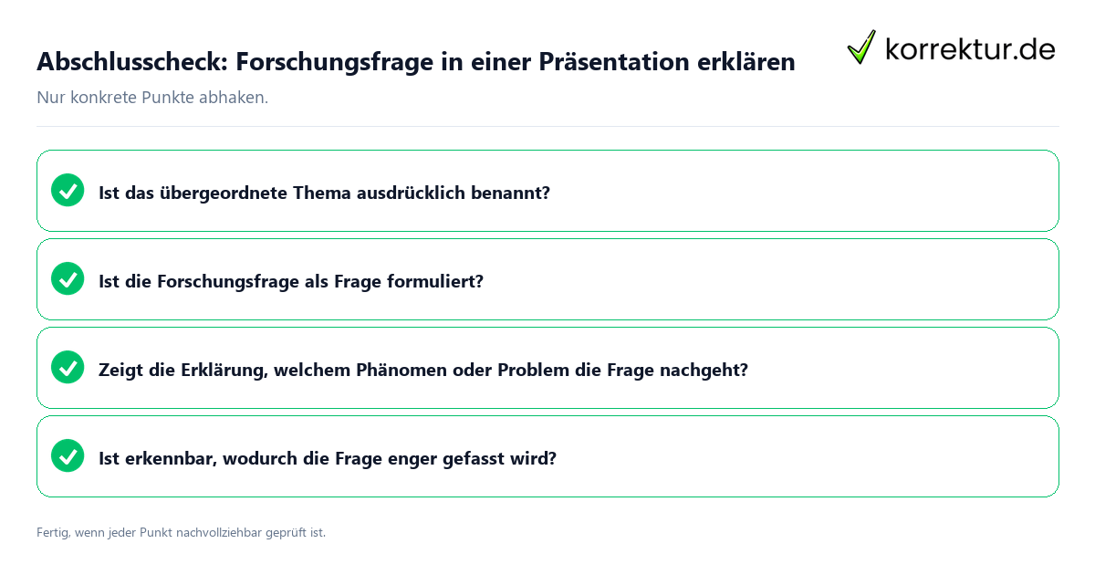 Abschlusscheck: Forschungsfrage in einer Präsentation erklären Konkreter Abschlusscheck zu Forschungsfrage in einer Präsentation erklären