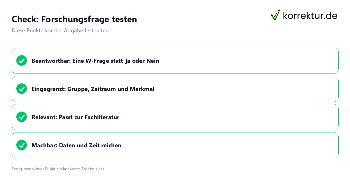 Check: Forschungsfrage testen Forschungsfrage testen: Prüfliste mit vier Punkten