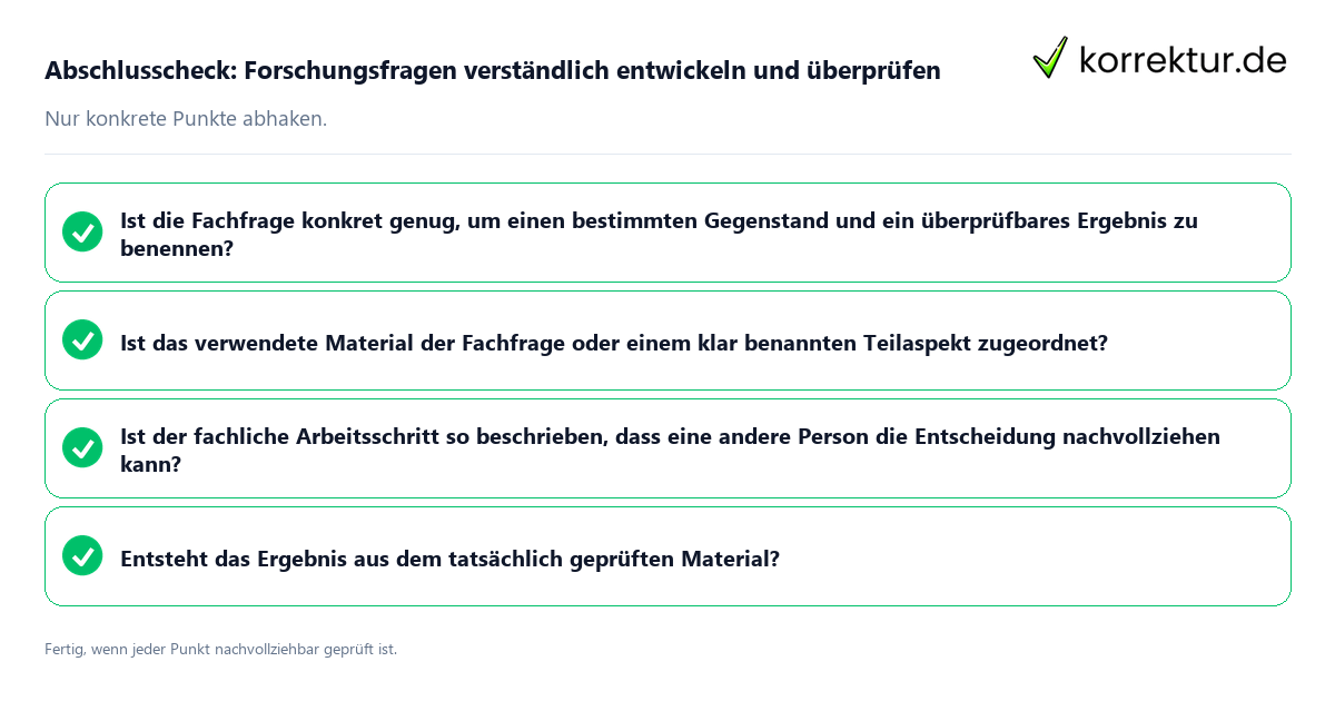 Konkreter Abschlusscheck zu Forschungsfragen verständlich entwickeln und überprüfen