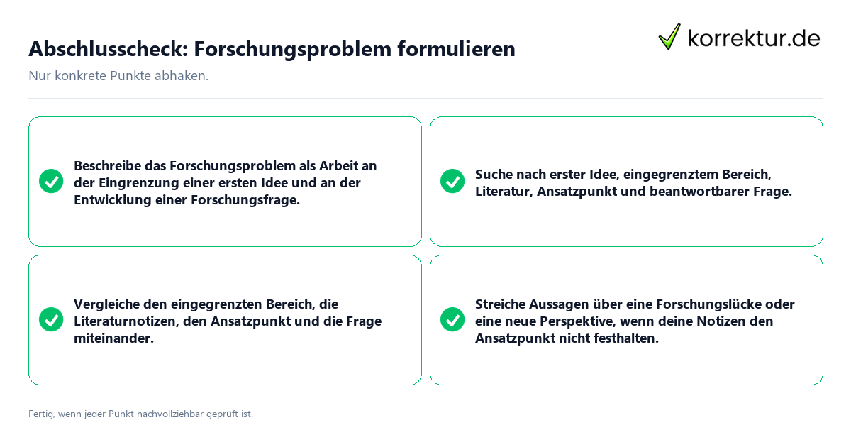 Abschlusscheck: Forschungsproblem formulieren Konkreter Abschlusscheck zu Forschungsproblem formulieren
