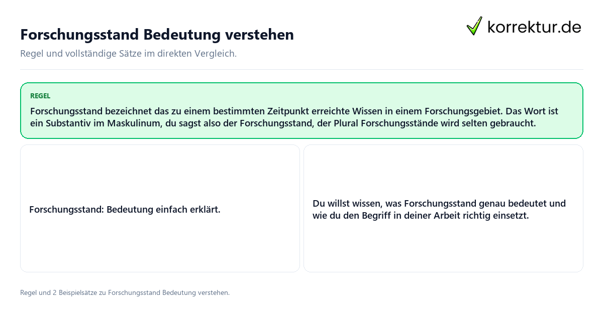 Forschungsstand Bedeutung verstehen Konkrete Regel und vollständige Beispielsätze zu Forschungsstand Bedeutung verstehen