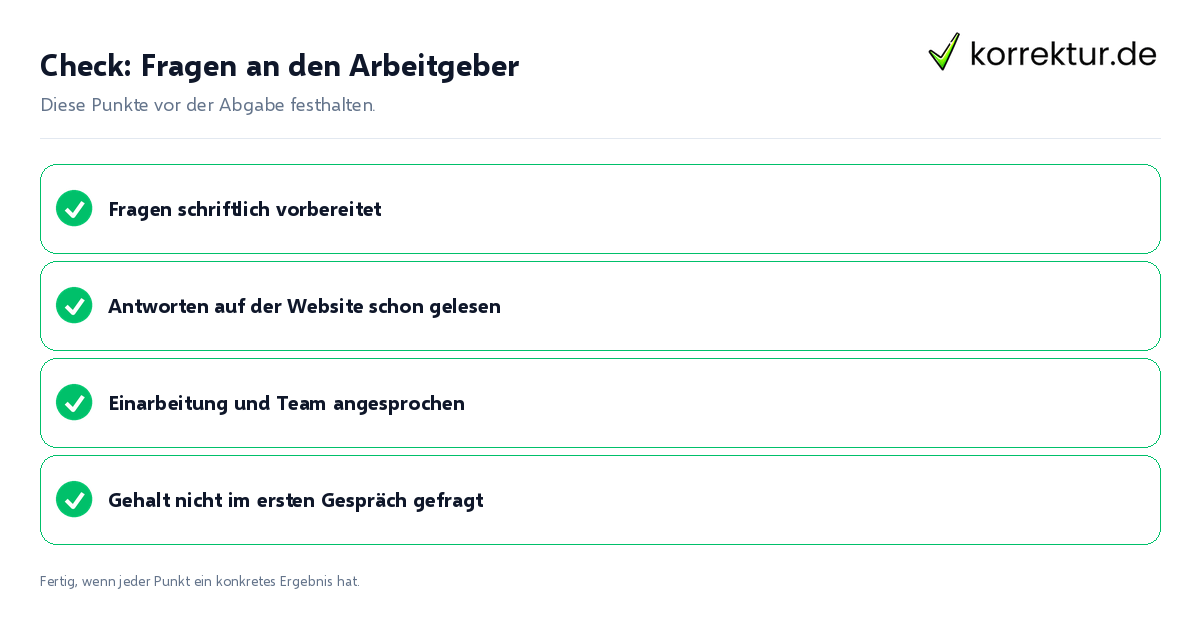 Check: Fragen an den Arbeitgeber Fragen an den Arbeitgeber: Prüfliste mit vier Punkten
