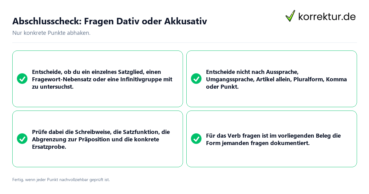 Konkreter Abschlusscheck zu Fragen Dativ oder Akkusativ