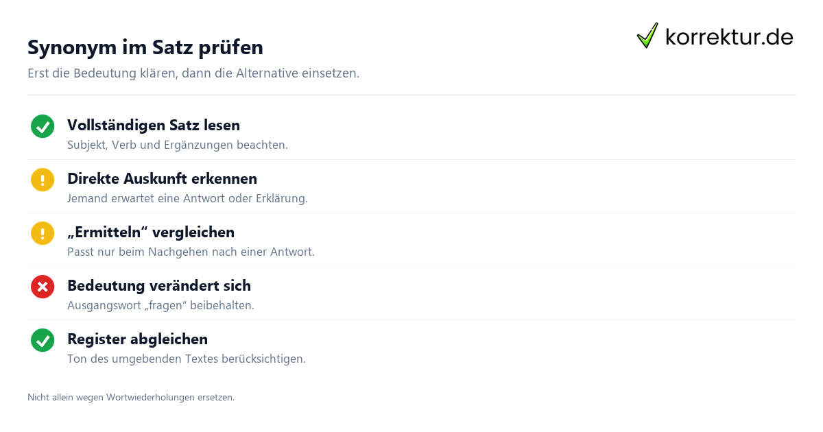 Synonym im Satz prüfen Synonyme für Fragen sicher im Satz verwenden: Prüfkriterien