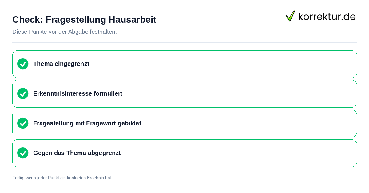 Fragestellung Hausarbeit: Prüfliste mit vier Punkten