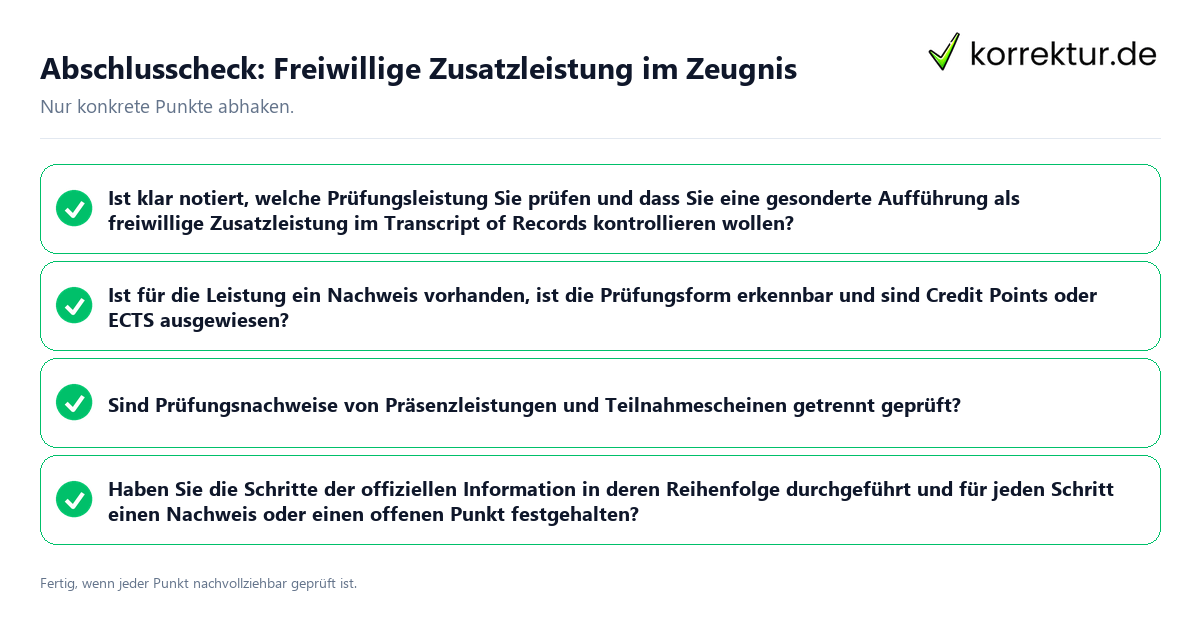 Konkreter Abschlusscheck zu Freiwillige Zusatzleistung im Zeugnis
