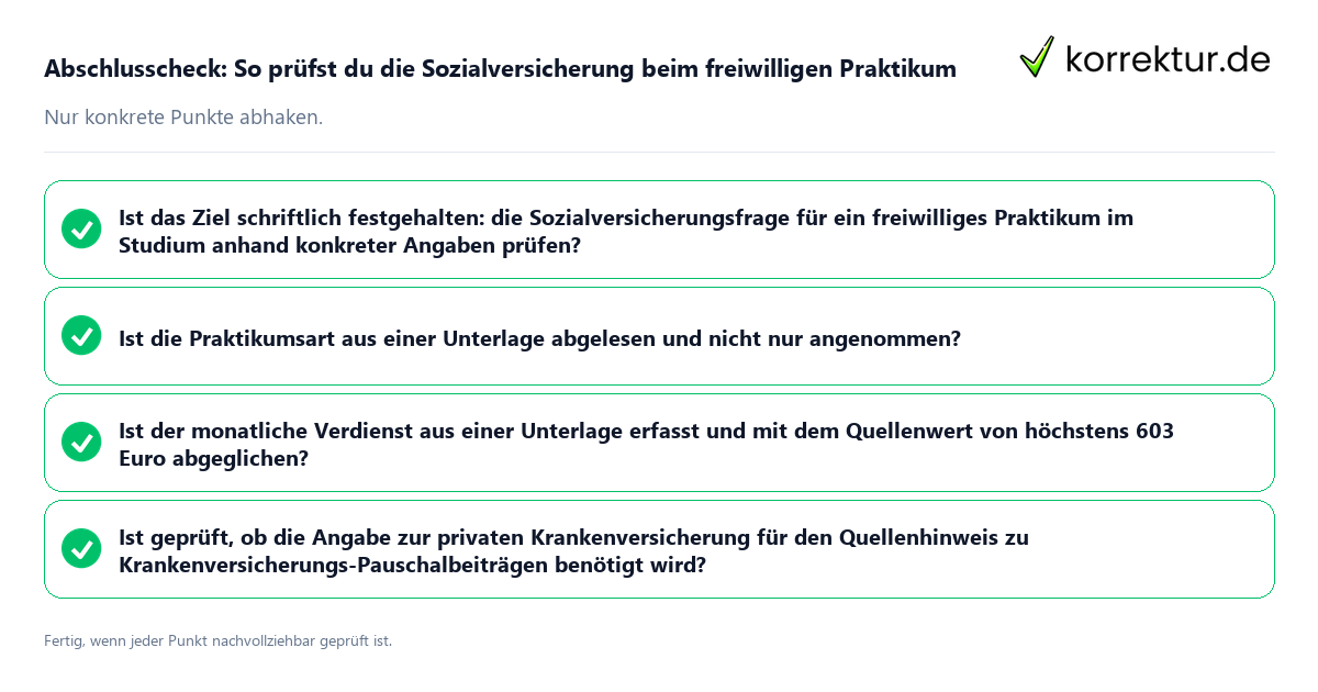Konkreter Abschlusscheck zu So prüfst du die Sozialversicherung beim freiwilligen Praktikum