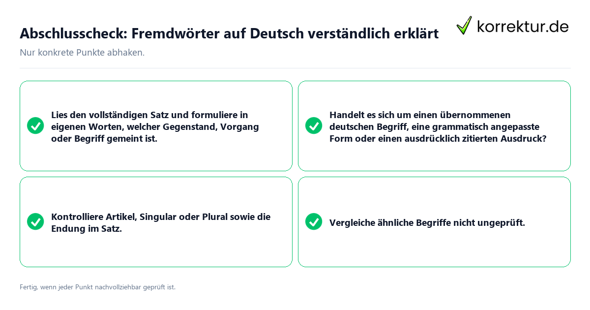 Konkreter Abschlusscheck zu Fremdwörter auf Deutsch verständlich erklärt