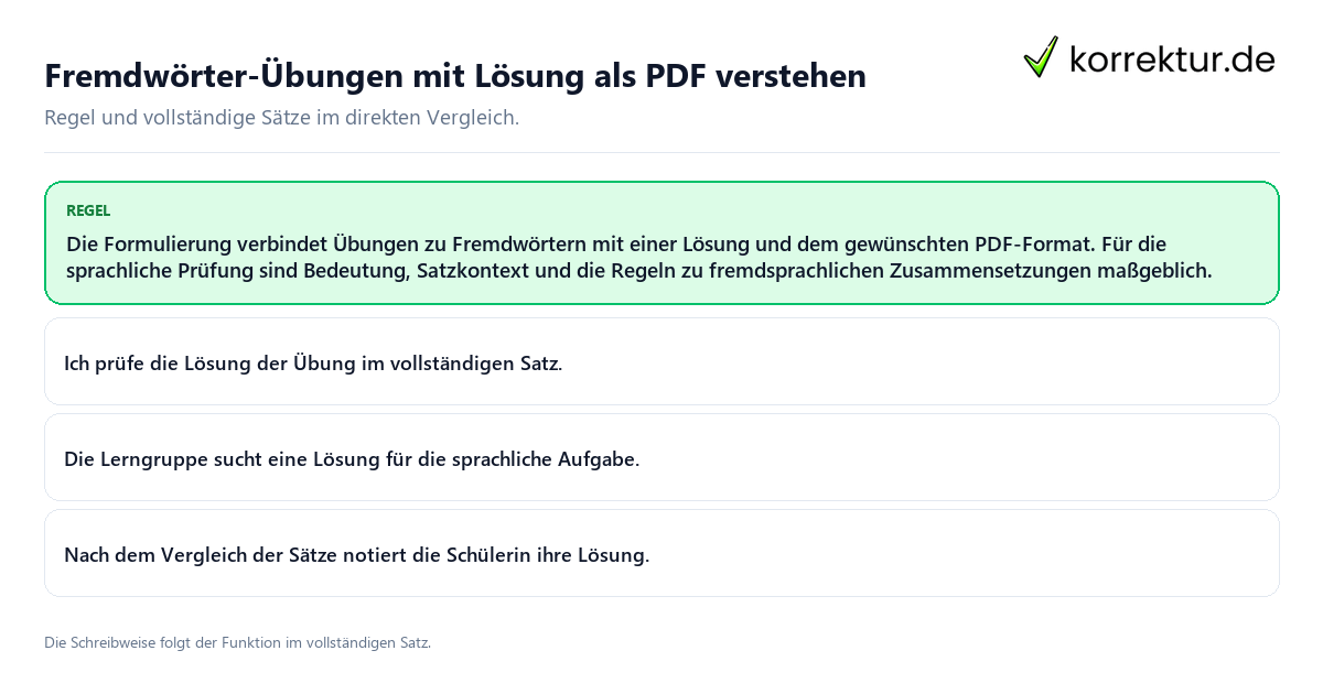 Konkrete Regel und vollständige Beispielsätze zu Fremdwörter-Übungen mit Lösung als PDF verstehen