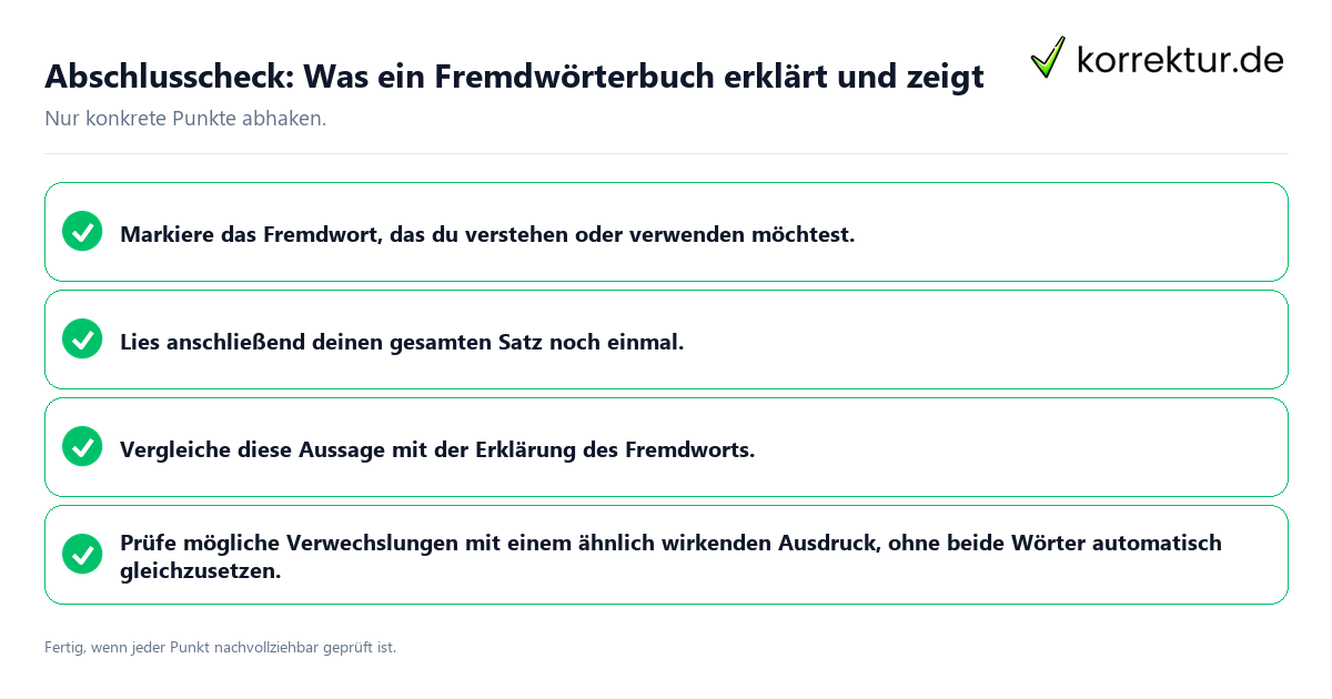 Konkreter Abschlusscheck zu Was ein Fremdwörterbuch erklärt und zeigt