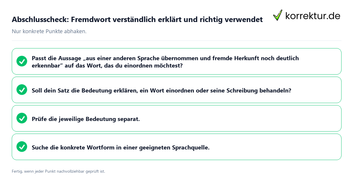 Konkreter Abschlusscheck zu Fremdwort verständlich erklärt und richtig verwendet