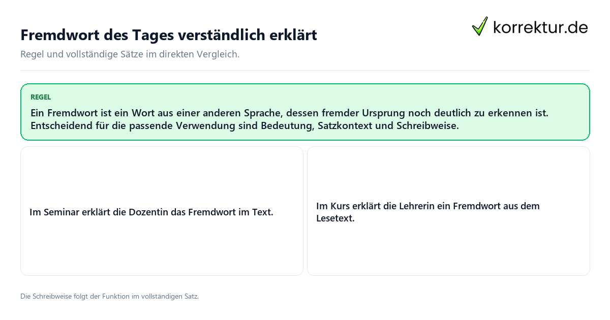 Konkrete Regel und vollständige Beispielsätze zu Fremdwort des Tages verständlich erklärt
