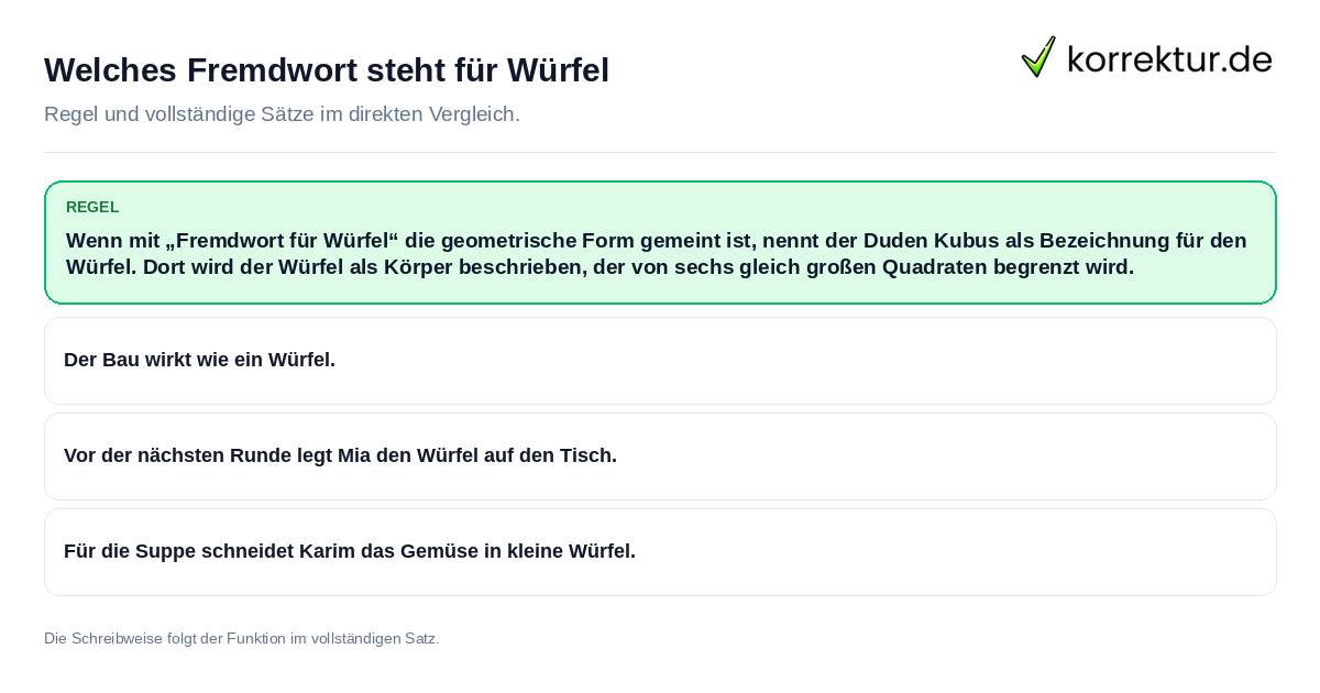 Konkrete Regel und vollständige Beispielsätze zu Welches Fremdwort steht für Würfel