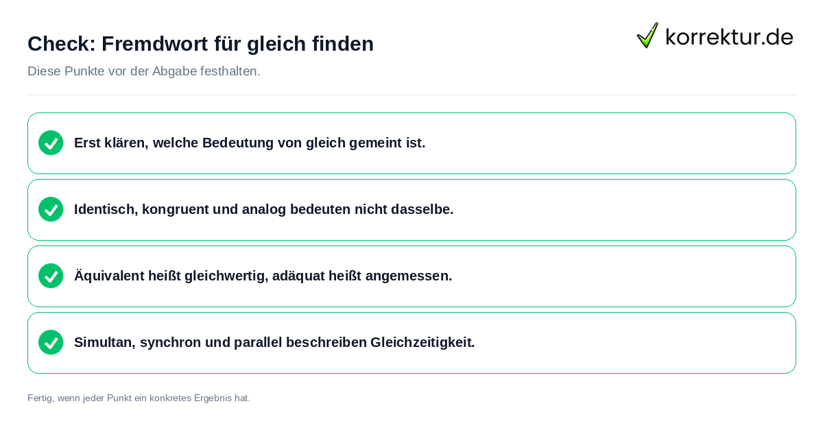 Fremdwort für gleich finden: Prüfliste mit vier Punkten