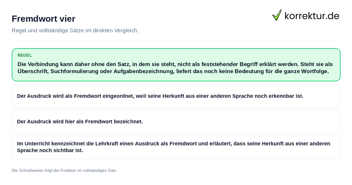 Konkrete Regel und vollständige Beispielsätze zu Fremdwort vier