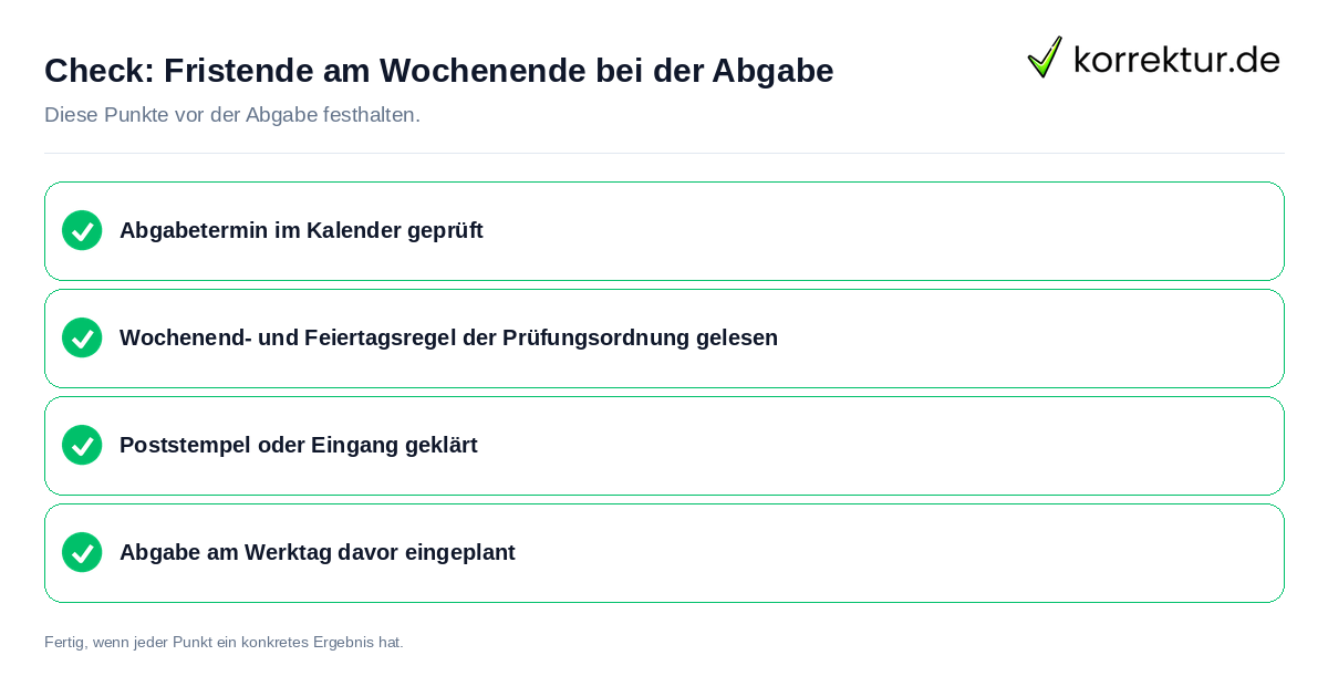 Check: Fristende am Wochenende bei der Abgabe Fristende am Wochenende bei der Abgabe: Prüfliste mit vier Punkten