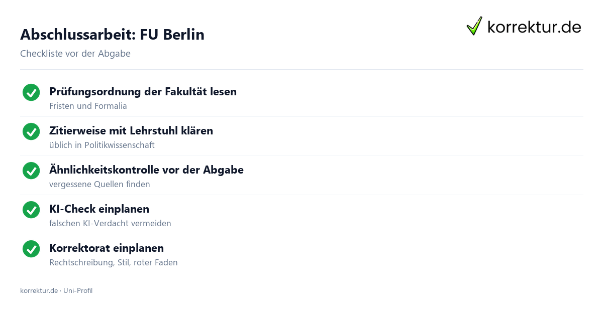 Abschlussarbeit an der FU Berlin, Checkliste vor der Abgabe Abschlussarbeit FU Berlin: Formalia, Fristen und Ähnlichkeitskontrolle als Checkliste