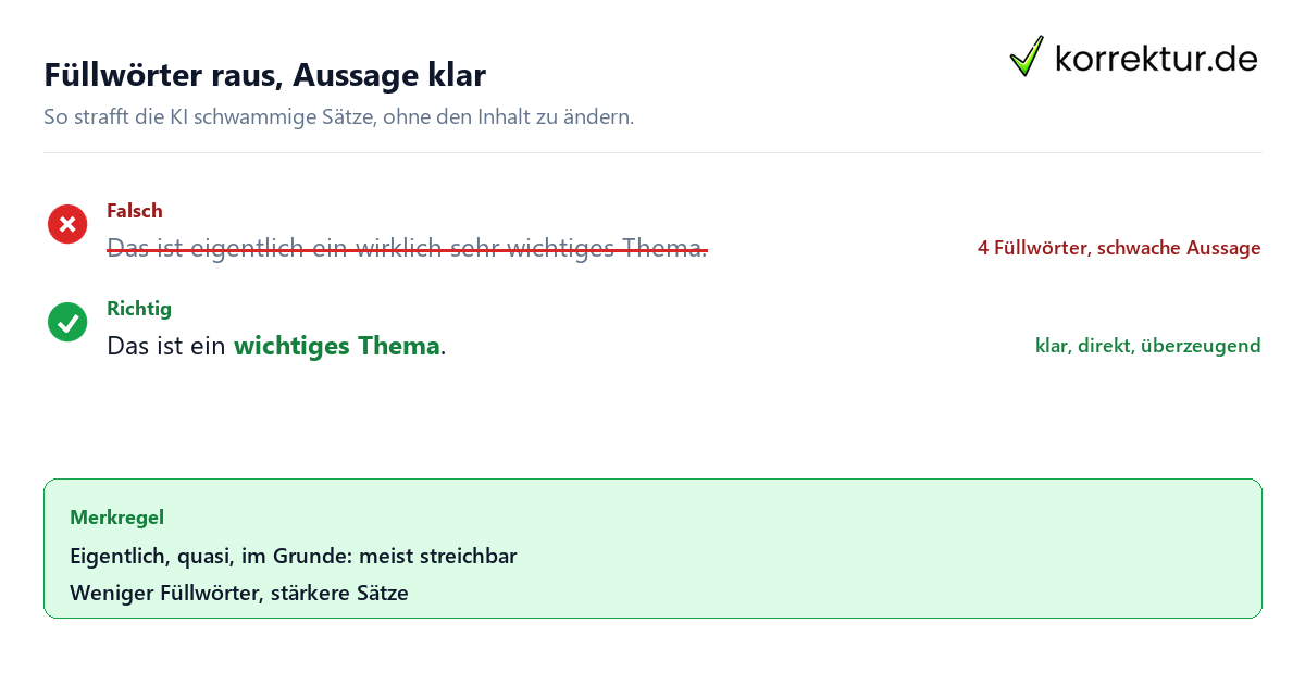 Füllwörter raus, Aussage klar Füllwörter entfernen mit KI online: schwammiger Satz vs. gestraffte Version