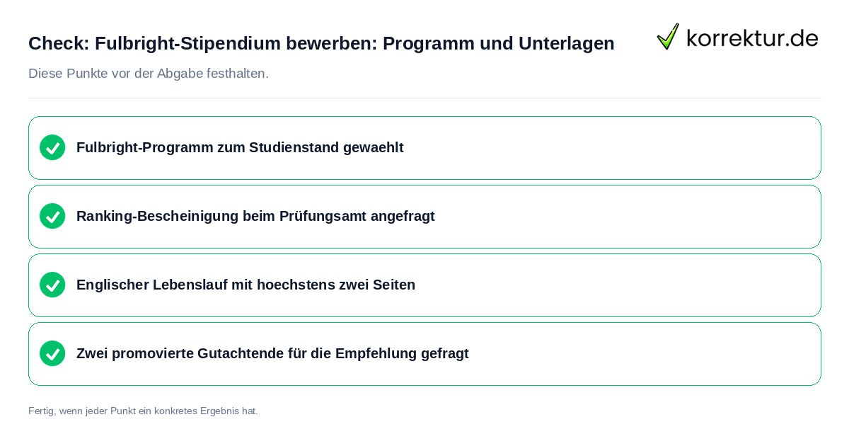 Fulbright-Stipendium bewerben: Programm und Unterlagen: Prüfliste mit vier Punkten