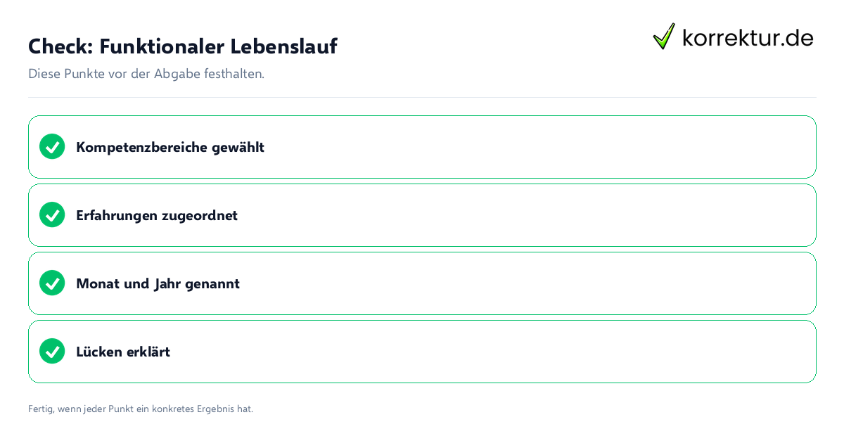 Check: Funktionaler Lebenslauf Funktionaler Lebenslauf: Prüfliste mit vier Punkten