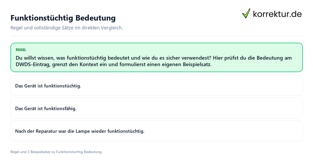 Konkrete Regel und vollständige Beispielsätze zu Funktionstüchtig Bedeutung