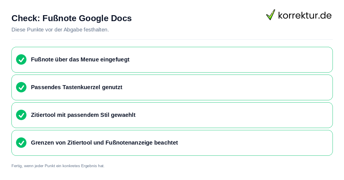 Check: Fußnote Google Docs Fußnote Google Docs: Prüfliste mit vier Punkten