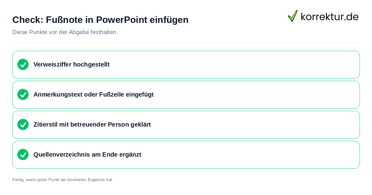 Check: Fußnote in PowerPoint einfügen Fußnote in PowerPoint einfügen: Prüfliste mit vier Punkten