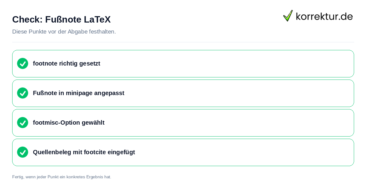 Check: Fußnote LaTeX Fußnote LaTeX: Prüfliste mit vier Punkten